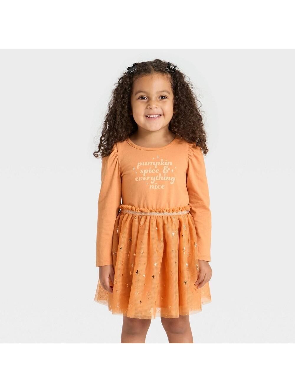 Toddler Girls' Long Sleeve Halloween Pumpkin Spice Tulle Dress - Cat & Jack 5T